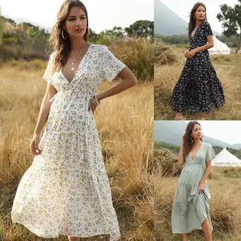 Женское платье длиной до щиколотки с цветочным принтом, богемное платье с v-образным вырезом и коротким рукавом M зелёный
