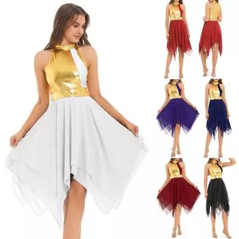 Женское платье для балета и танцев, сценический костюм, туника без рукавов, с рюшами, асимметричный подол, платье для лирического танца S королевский синий