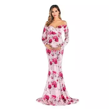 Женское платье для беременных с цветочным принтом и открытыми плечами, с длинными рукавами, элегантное платье для вечеринки, свадьбы, фотосъемки S красный