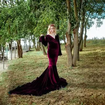 Женское платье для беременных с длинными рукавами из бархата, элегантное вечернее свадебное платье для фотосъемки S зелёный