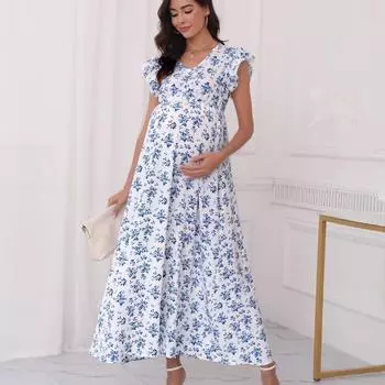 Женское платье для беременных, весеннее модное платье с V-образным вырезом и небольшими рукавами-крылышками S белый