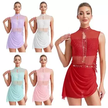 Женское платье для фигурного катания, без рукавов, с вырезом на спине, с прозрачной сеткой, аппликацией из страз, асимметричным подолом, костюм для выступлений S красный