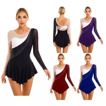 Женское платье для фигурного катания, сетчатое платье со стразами и длинными рукавами, трико для художественной гимнастики, костюм для бальных соревнований, танцевальная одежда L