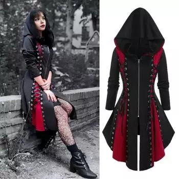 Женское платье для косплея, готическое цветное платье на шнуровке, нерегулярный подол, с капюшоном и длинными рукавами, на молнии, фестивальное платье-миди на Хэллоуин M чёрный