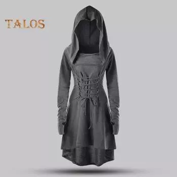 Женское платье для косплея, готическое сплошное цветное платье на шнуровке, тонкая талия, неровный подол, с капюшоном и длинными рукавами, тематические вечеринки, ролевой фестиваль, Хэллоуин, миди XL чёрный