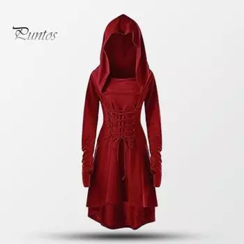 Женское платье для косплея, готическое сплошное цветное платье на шнуровке, тонкая талия, неровный подол, с капюшоном и длинными рукавами, тематические вечеринки, ролевой фестиваль, Хэллоуин, миди XL чёрный