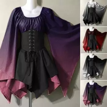 Женское платье для косплея на Хэллоуин, нерегулярный подол, шнуровка, одинаковый готический градиент цвета, летучая мышь, средневековые винтажные рукава, производительность L красный