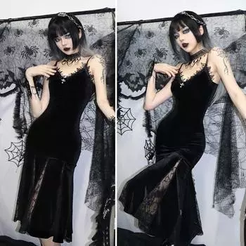 Женское платье для косплея на Хэллоуин, V-образный вырез, кружево, V-образный вырез, спагетти-ремень, рыбий хвост, подол, темный стиль, готический, средневековый, винтажный M чёрный