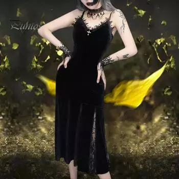 Женское платье для косплея на Хэллоуин с V-образным вырезом и кружевом с V-образным вырезом на тонких бретельках «рыбий хвост» Темный стиль Готический Средневековый Винтаж без рукавов Представление Сценическое шоу M чёрный