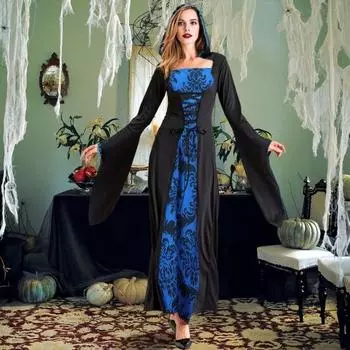 Женское платье для косплея, темный стиль, костюм для вечеринки на Хэллоуин, на шнуровке, с капюшоном, с цветочным принтом, одинаковые цвета, с длинными рукавами с рогами S красный