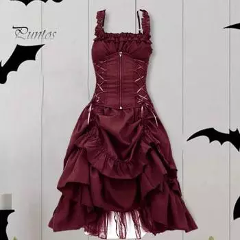 Женское платье для косплея в готическом стиле, ведьма, многослойный сетчатый костюм с рюшами и подолом на Хэллоуин, на шнуровке, на бретельках, без воротника, на молнии, без рукавов, трапециевидной формы. S чёрный