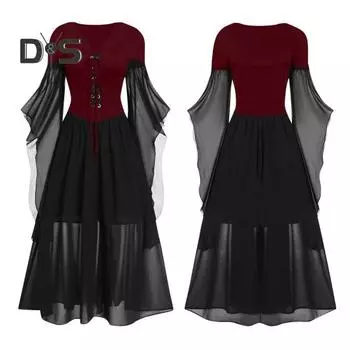 Женское платье для косплея в готическом стиле, костюм ведьмы на Хэллоуин, на шнуровке, с V-образным вырезом, в тон, с длинными рукавами и рогами, платье трапециевидной формы M чёрный