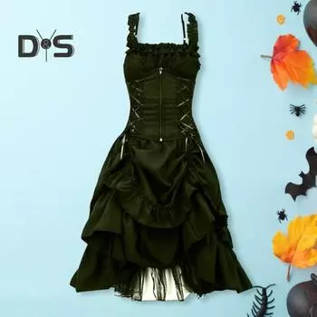 Женское платье для косплея в готическом стиле, ведьма, многослойный сетчатый костюм с рюшами и подолом на Хэллоуин, на шнуровке, на бретельках, без воротника, на молнии, без рукавов, трапециевидной формы. S чёрный