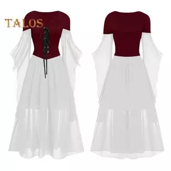 Женское платье для косплея в готическом стиле, костюм ведьмы на Хэллоуин, на шнуровке, с V-образным вырезом, в тон, с длинными рукавами и рогами, платье трапециевидной формы M белый/красный
