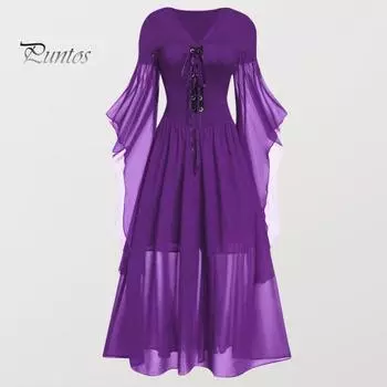 Женское платье для косплея в готическом стиле, костюм ведьмы на Хэллоуин, на шнуровке, с V-образным вырезом, в тон, с длинными рукавами и рогами, платье трапециевидной формы M чёрный/фиолетовый