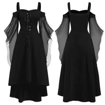 Женское платье для косплея в готическом стиле, костюм ведьмы на Хэллоуин, на шнуровке, без воротника, в тон, с длинными рукавами и рогами, платье трапециевидной формы 2XL красный