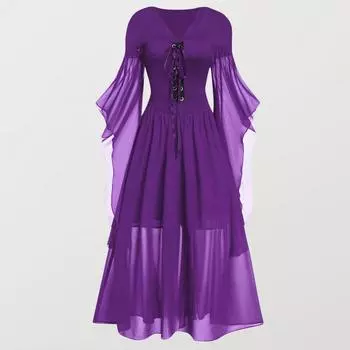 Женское платье для косплея в готическом стиле, костюм ведьмы на Хэллоуин, шнуровка, ремешок, V-образный вырез, цвет, длинные рукава-рога, А-силуэт, совершенство M