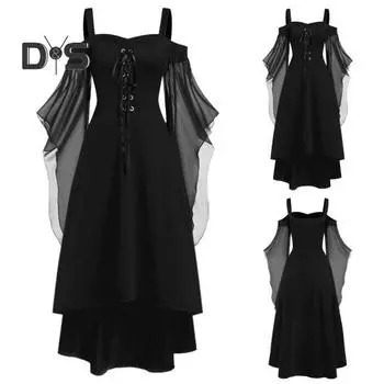 Женское платье для косплея в готическом стиле, костюм ведьмы на Хэллоуин, на шнуровке, без воротника, в тон, с длинными рукавами и рогами, платье трапециевидной формы 3XL чёрный