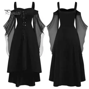 Женское платье для косплея в готическом стиле, костюм ведьмы на Хэллоуин, на шнуровке, без воротника, в тон, с длинными рукавами и рогами, платье трапециевидной формы 3XL чёрный