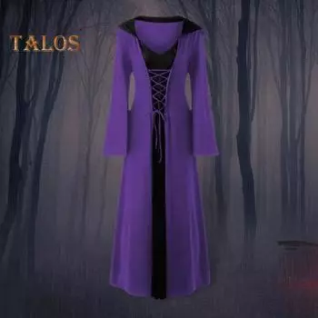 Женское платье для косплея в темном стиле, костюм ведьмы на Хэллоуин, на шнуровке, с капюшоном, в тон, с длинными рукавами и рогами, платье трапециевидной формы для выступлений L красный/чёрный