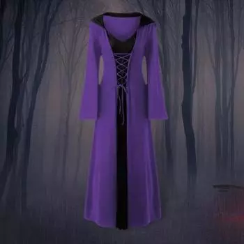 Женское платье для косплея в темном стиле, костюм ведьмы на Хэллоуин, на шнуровке, с капюшоном, в тон, с длинными рукавами-рогами, трапециевидной формы M чёрный/фиолетовый