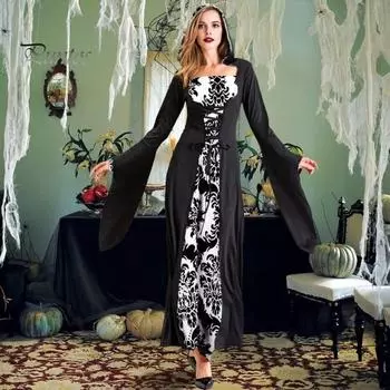 Женское платье для косплея в темном стиле, костюм для вечеринки на Хэллоуин, на шнуровке, с капюшоном, с цветочным принтом, подходящее по цвету, с длинными рукавами и рогами, платье трапециевидной формы S красный