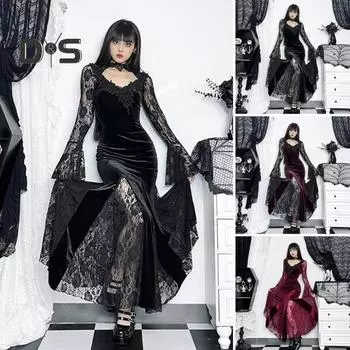 Женское платье для косплея в темном стиле, костюм для Хэллоуина, кружевное лоскутное шитье, цветочная вышивка, рыбий хвост, подол, длинные рукава, узкая талия, трапециевидная форма. M темно-красного