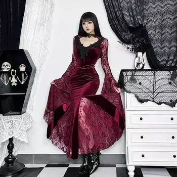 Женское платье для косплея в темном стиле, костюм для Хэллоуина, кружевное лоскутное шитье, цветочная вышивка, рыбий хвост, подол, длинные рукава, узкая талия, трапециевидная форма. L чёрный