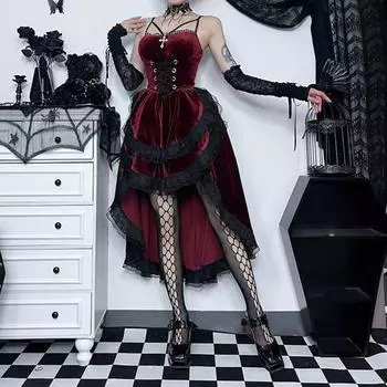Женское платье для косплея в темном стиле, костюм для вечеринки на Хэллоуин, кружевное лоскутное шитье, неровный подол, без рукавов, с узкими оборками на талии, регулируемые ремни на талии L красный