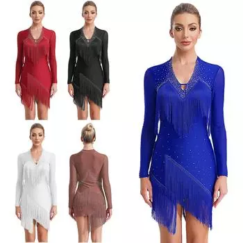 Женское платье для латинских танцев с V-образным вырезом и длинным рукавом, блестящая бахрома из страз, костюм для выступлений в стиле танго, румба, ча-ча-ча S бордовый