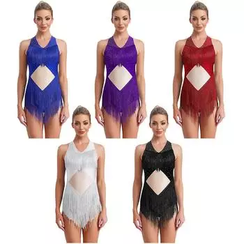 Женское платье для латинских танцев с V-образным вырезом и открытой спиной. Одежда для танцев сальса, ча-ча, танго, джаз. Костюм для фигурного катания, купальник с бахромой. S белый