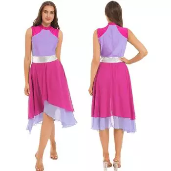 Женское платье для лирического танца «Celebration of Spirit Praise», цветные блоки, без рукавов, сценическая танцевальная одежда с разрезом и асимметричным подолом S синий