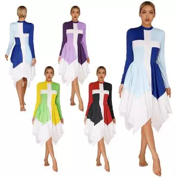 Женское платье для литургического танца с цветными блоками, костюм для выступления в хоре, платья с воротником с длинным рукавом и нерегулярным подолом M фиолетовый