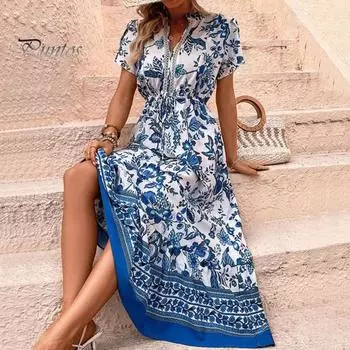 Женское платье для отдыха на шнуровке с узкой талией трапециевидной формы контрастного цвета с цветочным принтом и V-образным вырезом с короткими рукавами в этническом стиле до щиколотки летнее платье макси S синий