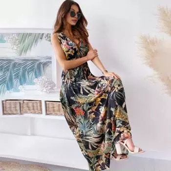 Женское платье для отпуска Без рукавов V-образный вырез спинки Цветочный принт Высокая талия Завязка Пляжное платье Макси-платье в стиле бохо M чёрный