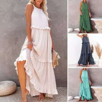 Женское платье для отпуска, свободное плиссированное платье с шеей и плечами, без рукавов, с рюшами и рюшами в стиле пэчворк, трапециевидной формы, боковые карманы S белый