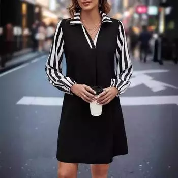 Женское платье для поездок на работу с отложным воротником и V-образным вырезом в полоску с длинными рукавами длиной выше колена Свободное мини-платье в тон для свиданий Офисная одежда XL чёрный