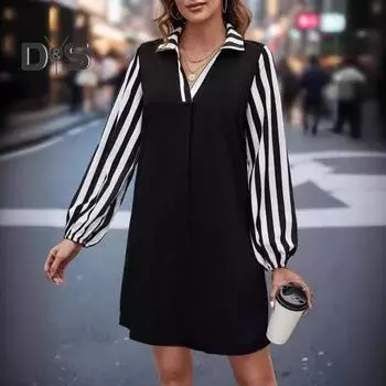 Женское платье для поездок на работу с отложным воротником и V-образным вырезом в полоску с длинными рукавами длиной выше колена Свободное мини-платье в тон для свиданий Офисная одежда XL чёрный