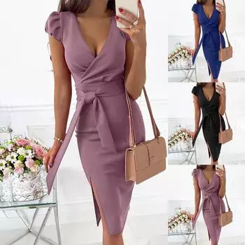 Женское платье для похудения с v-образным вырезом, однотонное, с рюшами и разрезом, профессиональное платье L чёрный