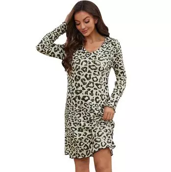 Женское платье для сна, ночные рубашки, пижамы с v-образным вырезом и длинными рукавами, зеленые леопардовые пижамы, домашняя повседневная одежда для ночного сна S зелёный