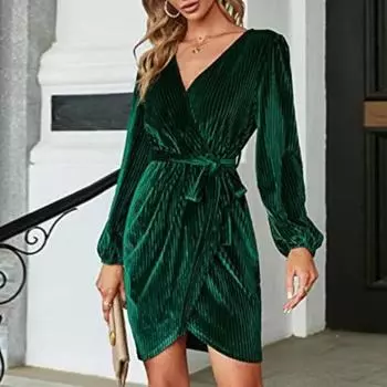 Женское платье для свиданий с V-образным вырезом и завязывающимся поясом, тонкая талия, длинные рукава, бархатная ткань, неровный подол, вечернее платье, однотонное мини-платье для выпускного вечера 2XL