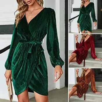 Женское платье для свиданий с V-образным вырезом и завязывающимся поясом, тонкая талия, длинные рукава, бархатная ткань, неровный подол, вечернее платье, однотонное мини-платье для выпускного вечера XL