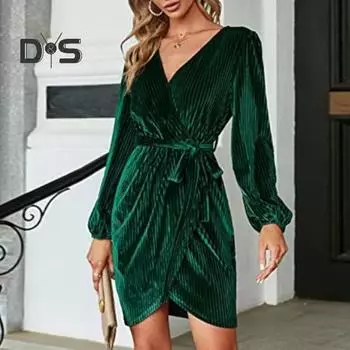 Женское платье для свиданий с V-образным вырезом и завязывающимся поясом, тонкая талия, длинные рукава, бархатная ткань, неровный подол, вечернее платье, однотонное мини-платье для выпускного вечера L темно-зеленого