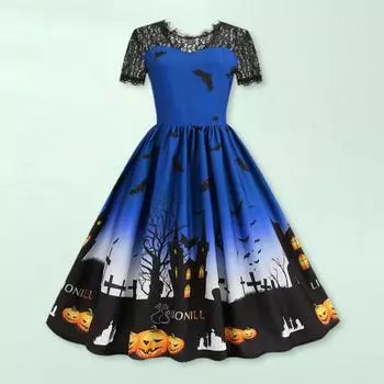 Женское платье для вечеринки на Хэллоуин с ажурным кружевом и круглым вырезом в стиле ретро с большим подолом и принтом летучей мыши в стиле «дом с привидениями» M фиолетовый