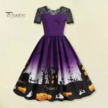 Женское платье для вечеринки на Хэллоуин с ажурным кружевом и круглым вырезом в стиле ретро, А-силуэта, с большим подолом, с принтом летучей мыши в стиле «дом с привидениями», с короткими рукавами, вечернее платье для косплея M синий