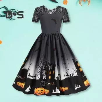 Женское платье для вечеринки на Хэллоуин с ажурным кружевом и круглым вырезом в стиле ретро, А-силуэта, с большим подолом, с принтом летучей мыши в стиле «дом с привидениями», с короткими рукавами, вечернее платье для косплея M фиолетовый