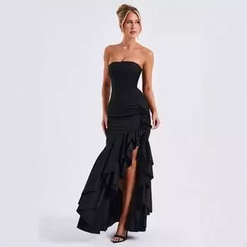 Женское платье для весны и лета в европейском и американском стиле, модное и сексуальное, без бретелек, с открытыми плечами, с оборками и темпераментом S красный