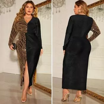 Женское платье для выпускного вечера, эластичное, с глубоким V-образным вырезом, в тон, блестящее, в стиле пэчворк, плюс размер, с длинным рукавом, облегающее, с разрезом подол, с высокой талией, до щиколотки, для леди 2XL чёрный