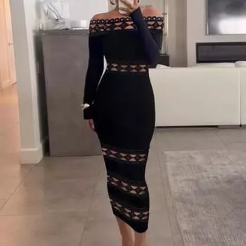 Женское платье для выпускного вечера-бандо с открытыми плечами, ажурное платье, облегающее платье с длинным рукавом, чистый цвет, эластичный ромб, лоскутное шитье, длина до середины икры, миди S чёрный