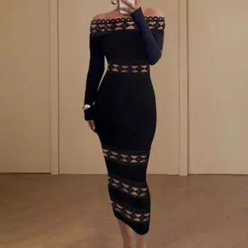 Женское платье для выпускного вечера-бандо с открытыми плечами, ажурное платье, облегающее платье с длинным рукавом, чистый цвет, эластичный ромб, лоскутное шитье, длина до середины икры, миди S чёрный